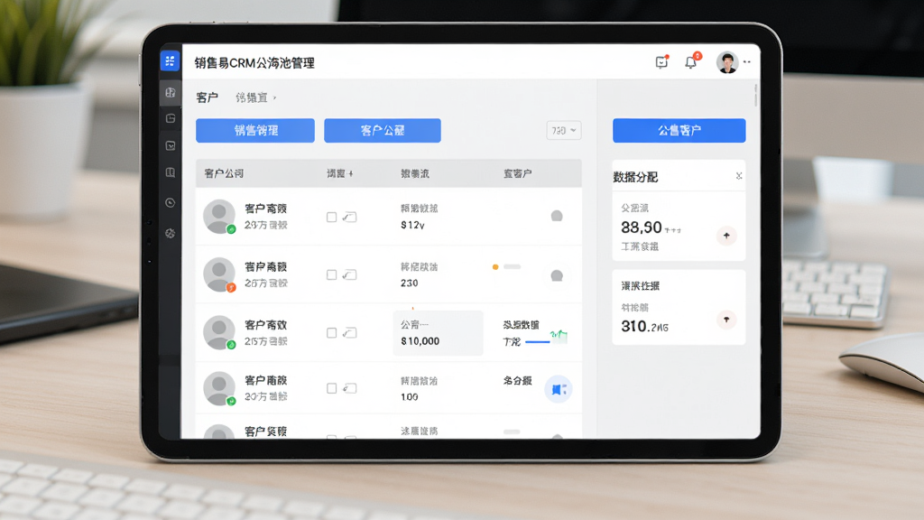 销售易CRM公海池管理界面,画面为平板电脑屏幕,屏幕内展示公海客户列表与分配按钮,背景为办公室桌面,布局为横向展开,排版采用左右分栏,风格为现代简约UI风格,细节包括蓝色按钮、灰色表头、客户头像占位、数据统计卡片,画质高清,干净,无多余元素