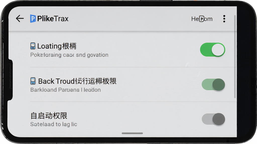 画面展示一部安卓手机屏幕显示PlikeTrax权限设置页面,有定位权限、后台运行权限、自启动权限等开关选项。布局为手机界面截图风格。排版清晰,风格为系统设置界面风格。细节上定位权限开关显示为绿色开启状态。画质清晰,干净,无多余元素。