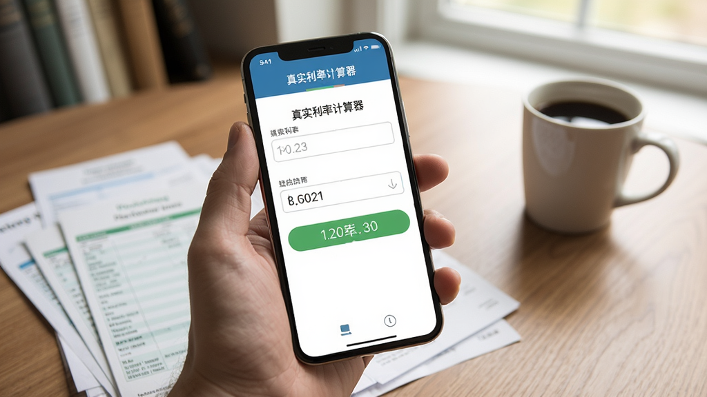 真实利率计算器移动端操作示意图,画面展示一只手拿着手机,屏幕内是真实利率计算器APP的输入界面,背景是书房环境,桌上放着账单和咖啡杯,光线自然柔和,风格写实,画质清晰,无多余元素