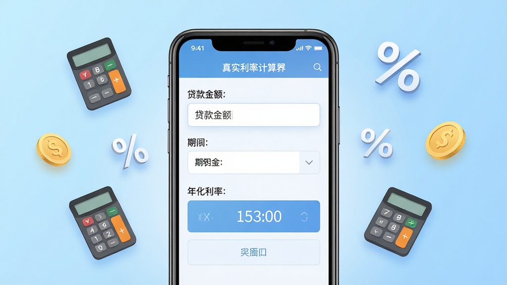 一张展示真实利率计算器软件主界面的图片,画面中央是手机屏幕,屏幕内显示真实利率计算器应用界面,包含贷款金额输入框、期限选择、年化利率结果展示区,界面干净简洁,背景为浅蓝色渐变,周围漂浮着计算器图标、百分比符号和金币元素,整体风格现代科技感,画质清晰,无多余元素