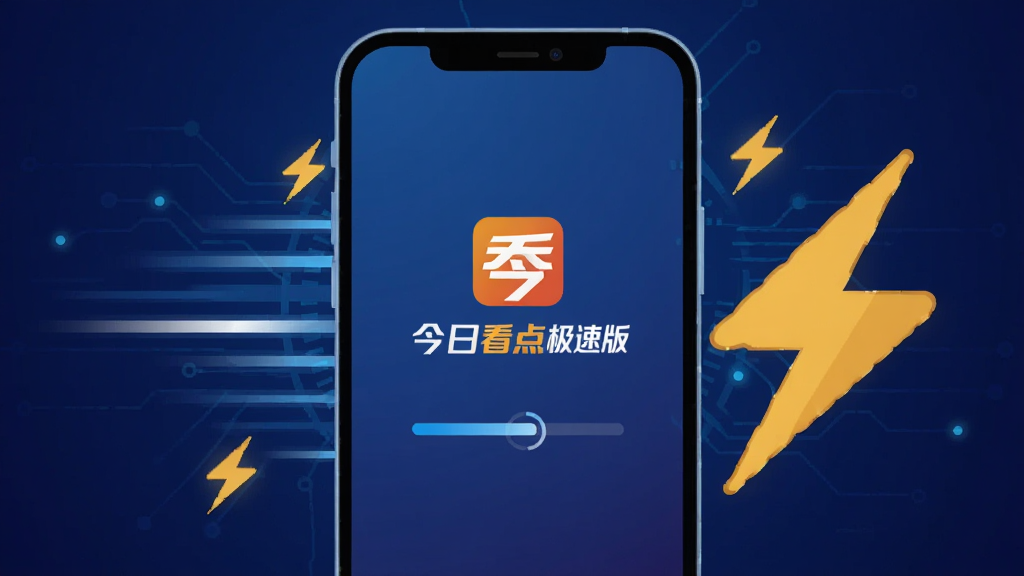 一部智能手机屏幕中显示今日看点极速版应用启动画面,画面中央有今日看点极速版的标志和加载进度条,手机周围有速度线条和闪电符号表示快速加载,背景为深蓝色科技感渐变,扁平化设计风格,布局简洁明了,画质清晰干净,无多余元素