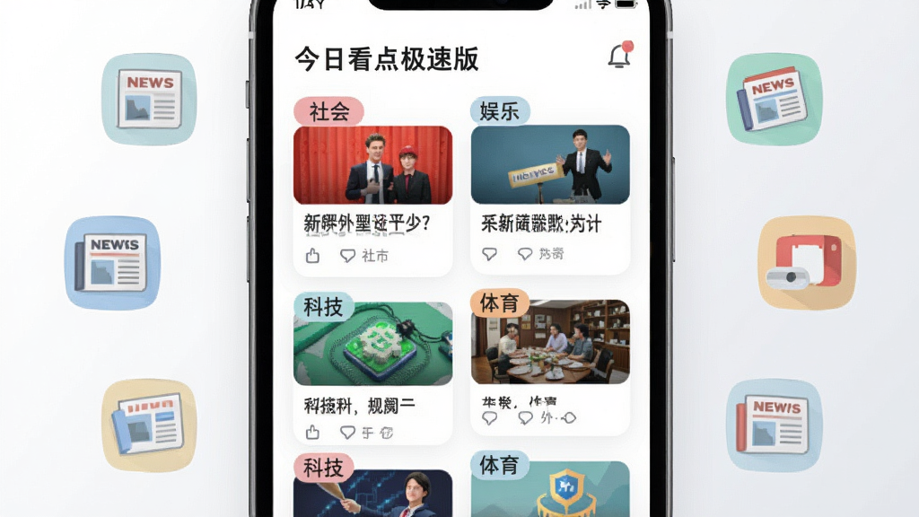 今日看点极速版应用界面中展示热点资讯聚合页面,屏幕上排列着不同分类的新闻卡片,包含社会、娱乐、科技、体育等标签,卡片上有新闻标题和缩略图,手机周围环绕着各类新闻图标,采用清新浅色扁平化插画风格,背景为白色和淡灰色渐变,布局整齐有序,画质清晰干净,无多余元素