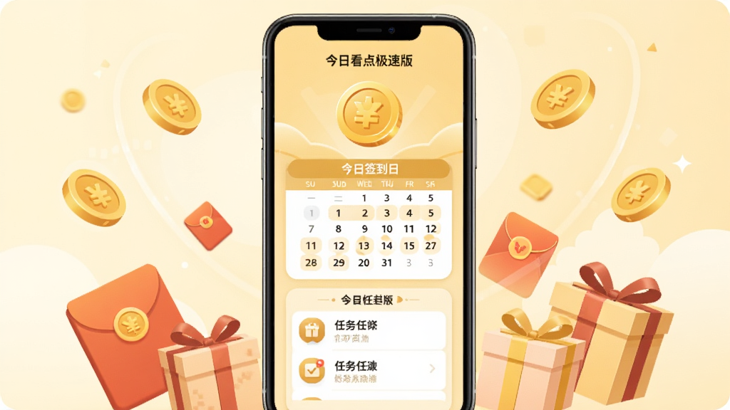 今日看点极速版应用中的签到奖励页面,手机屏幕上显示金币图标、签到日历和任务列表,周围环绕着金币、红包、礼物盒等元素,采用金色和浅黄色为主的扁平化插画风格,背景为柔和渐变,布局居中对称,画质清晰干净,无多余元素