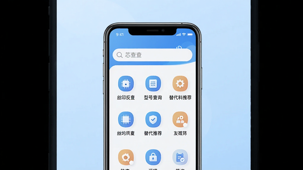 一张展示芯查查软件主界面的预览图,画面中央是手机屏幕,屏幕内显示芯查查APP的首页,顶部有搜索框,下方排列着丝印反查、型号查询、替代料推荐等功能入口图标,背景是干净的浅蓝色渐变,整体风格简洁科技感,画质清晰,干净,无多余元素