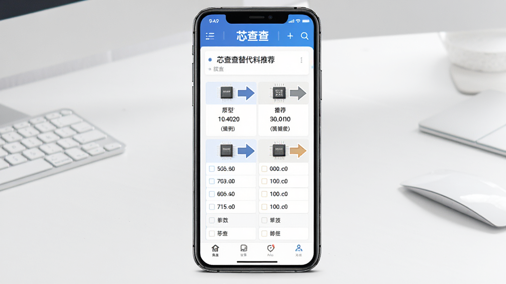 一张展示芯查查替代料推荐功能的AI生图,画面中央是手机屏幕,屏幕内显示芯查查APP的替代料对比页面,左侧是原型号,右侧是推荐替代型号,中间有对比箭头和参数对照表,背景是干净的白色桌面,风格简约商务,画质清晰,干净,无多余元素
