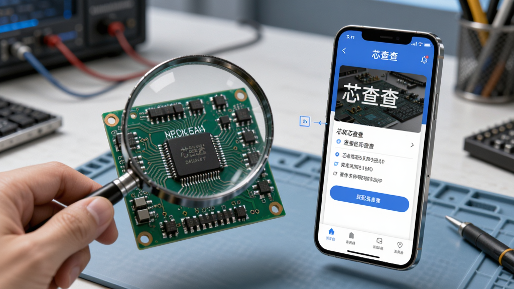 一张展示芯查查丝印反查功能的AI生图,画面中一只手拿着放大镜观察一块绿色电路板上的芯片丝印,旁边漂浮着手机屏幕,屏幕内显示芯查查APP正在识别丝印代码并弹出匹配结果,背景是工作台场景,风格写实科技,画质清晰,干净,无多余元素