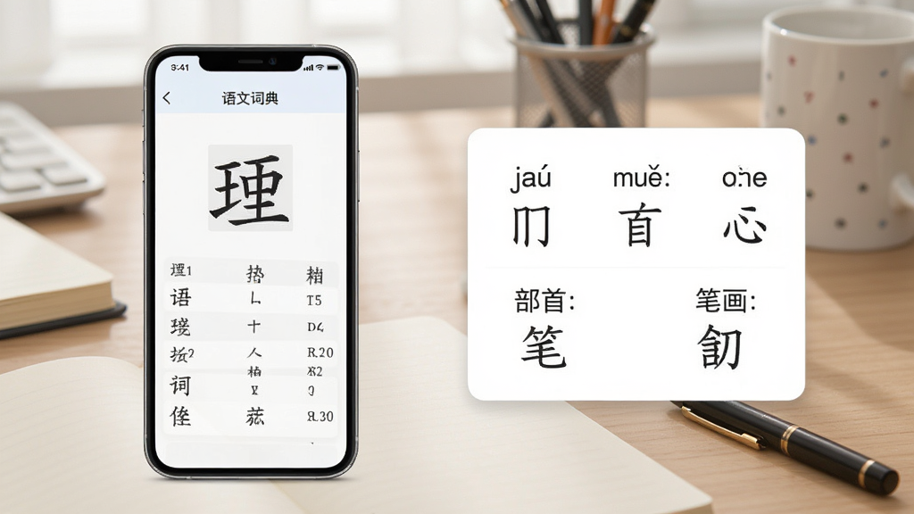 语文词典离线查询功能展示图,画面左侧为手机屏幕显示汉字检索结果,右侧为对应的拼音、部首、笔画信息卡片,背景为书桌与文具,风格写实,画质细腻,干净无多余元素