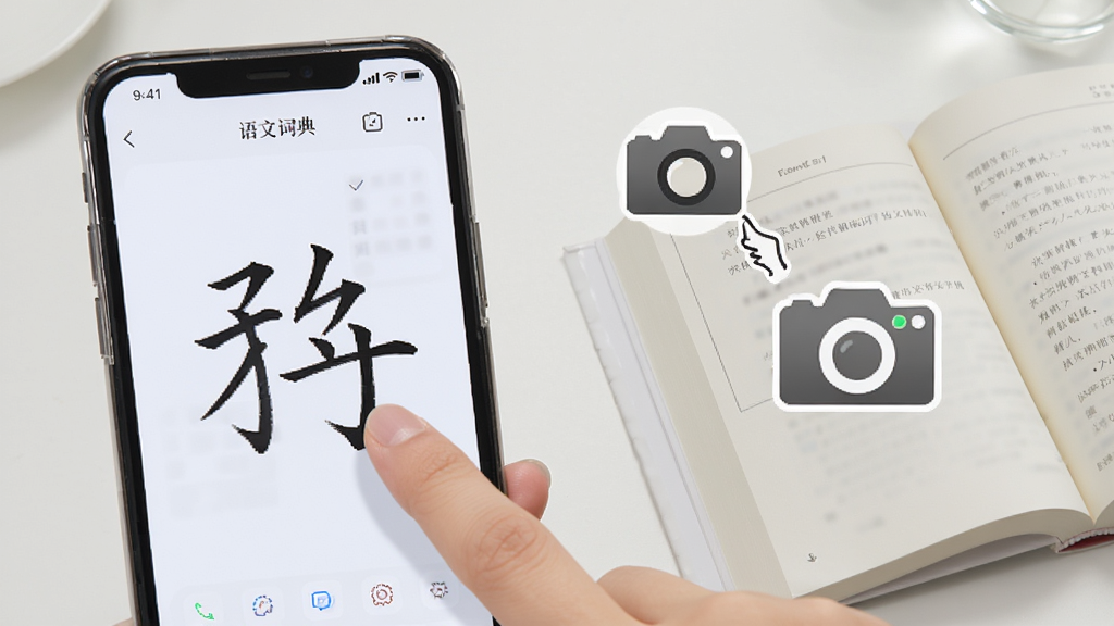 语文词典手写与拍照查词功能示意图,画面展示手指在手机屏幕上书写汉字,旁边有相机图标对准书本页面,界面元素清晰,风格现代,画质干净,无杂乱背景