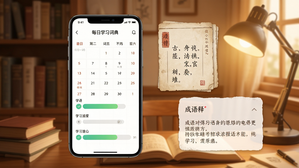 语文词典每日学习计划界面图,画面显示手机日历与学习进度条,旁边有古诗词卡片和成语释义浮窗,背景为暖色调书房,风格温馨,画质清晰,无多余元素