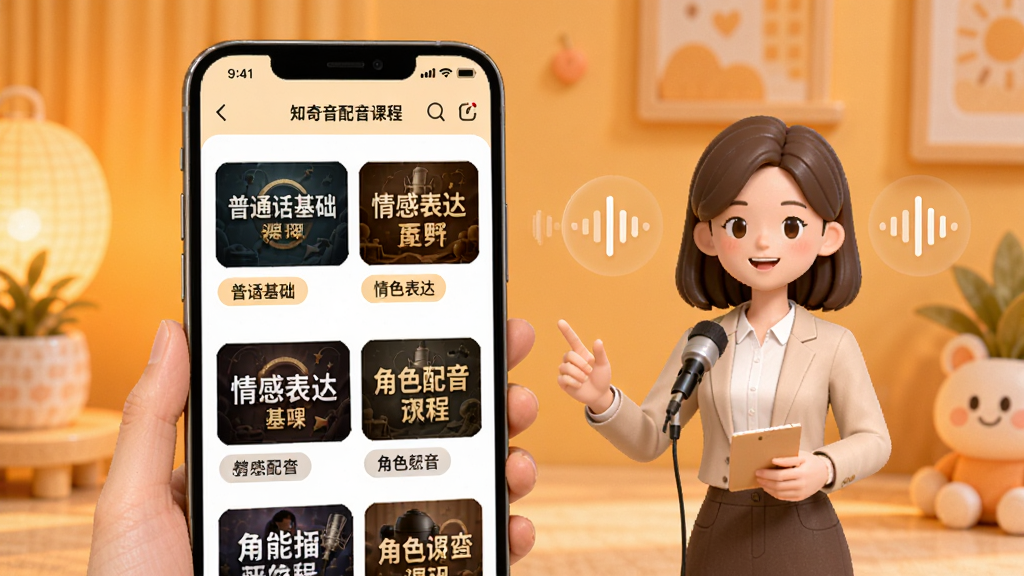 知奇音配音课程学习界面,一部手机展示课程列表页面,屏幕上有多个课程封面卡片,包括普通话基础、情感表达、角色配音等分类标签。画面中有虚拟教师形象和声波图标,背景为温暖的橙黄色调,风格柔和友好,细节清晰,文字为中文,整体干净整洁。