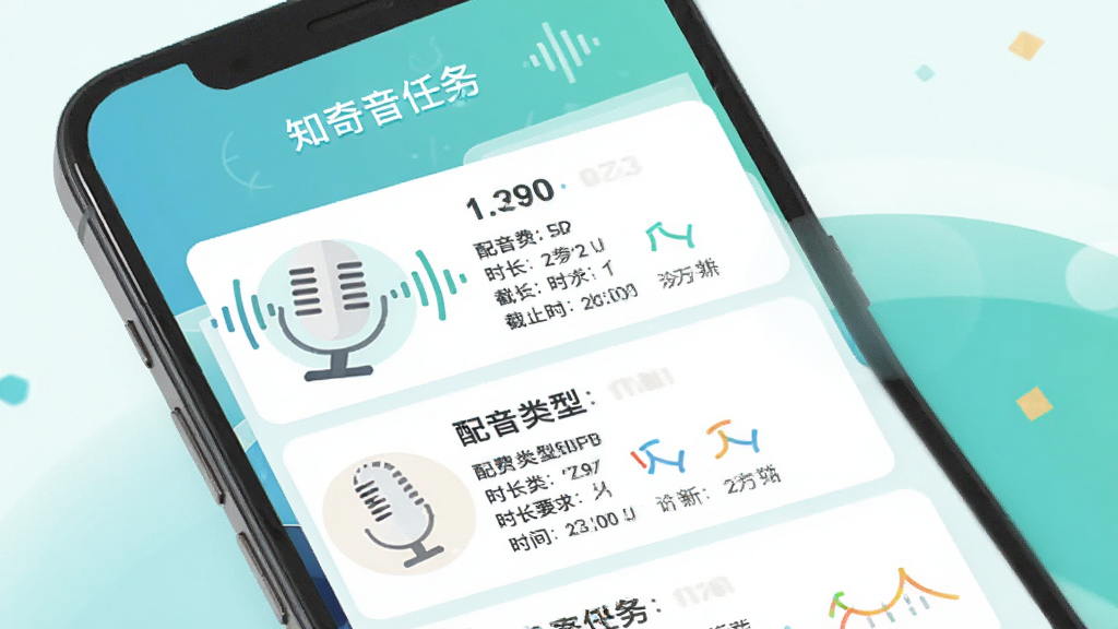 知奇音任务接单界面,手机屏幕展示任务广场列表,每条任务卡片包含稿费金额、配音类型、时长要求和截止时间。画面中有麦克风图标和声波装饰,背景为清爽的蓝绿色调,扁平化设计风格,文字为中文,整体干净清晰。