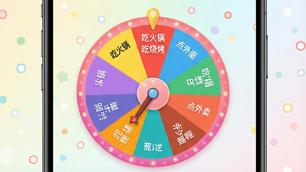 һ��չʾС����+��ת���ֻ�Ӧ�ý����ͼƬ������������һ��ɫ�����޵�Բ��ת�̣�ת���Ϸֲ��Ų�ͬ��ɫ����������ÿ������д��ѡ�������硰�Ի���������տ��������������ȣ�ת��ָ��ָ������һ��ѡ���������͵�ǳɫ���䣬���������»��ã����������ɾ����޶���Ԫ��