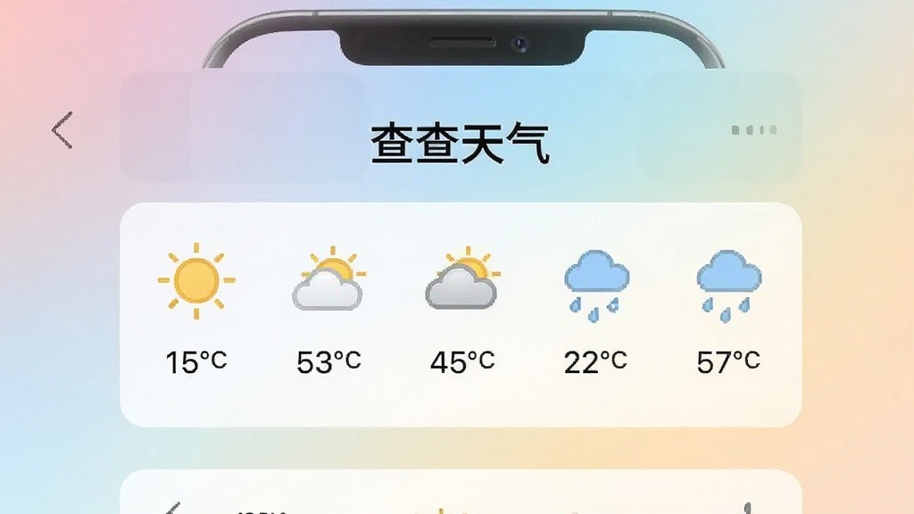 一张AI生成的图片,画面中央是一个手机界面,界面上显示“查查天气”的标题,下方是横向排列的逐小时天气图标,从太阳到云朵再到雨滴,旁边标注着温度数字,整体布局整洁,风格为柔和的渐变色调,画质干净,无多余文字。