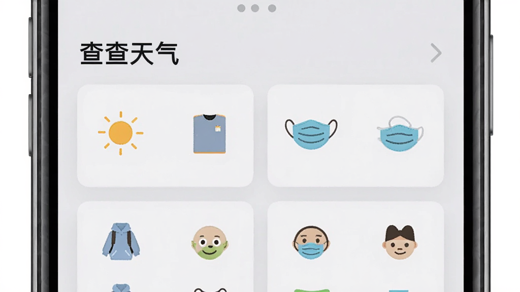 一张AI生成的图片,展示一个手机屏幕,屏幕内显示“查查天气”应用中的生活指数卡片,卡片上有太阳、衣服、口罩等小图标,背景是浅灰色,布局为网格状排列,风格简约实用,画质清晰,无杂乱元素。
