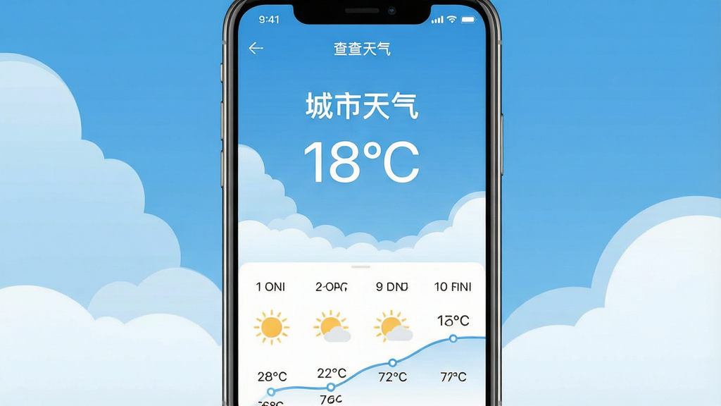 一张展示智能手机屏幕的图片,屏幕中央显示着“查查天气”应用程序的主界面,界面简洁,上方是醒目的城市名称和当前温度数字,背景是晴朗的蓝天白云图案,下方整齐排列着未来几小时的天气图标和温度曲线,画面风格清新明亮,采用扁平化设计,细节清晰,画质干净,无多余元素。