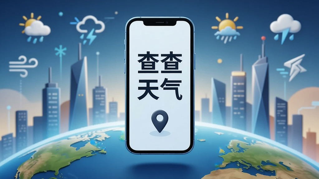 一张AI生成的图片,展示一个手机屏幕悬浮在地球上方,屏幕内显示“查查天气”四个字和定位图标,背景是抽象的城市天际线和气象符号,风格现代科技感,细节丰富,画质清晰。