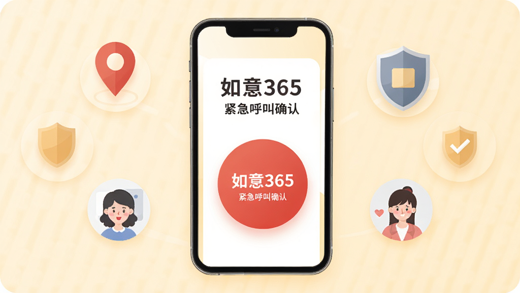 画面以一部智能手机为主体居中显示,屏幕上呈现“如意365”紧急呼叫确认界面,红色大按钮醒目突出,背景为柔和的暖色调,周围环绕定位图标、盾牌图标、家属头像等辅助元素,布局采用中心聚焦式,风格为简洁明快的扁平化设计,细节包括清晰的按钮文字、圆角卡片、柔和阴影,画质干净清晰,无多余装饰