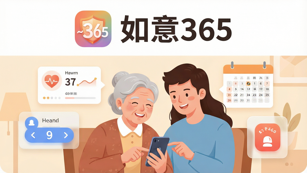 画面上方居中显示应用图标和“如意365”大字标题,主体部分以一位面带笑容的老年人与年轻家属共同操作手机的温馨场景为中心,背景融入健康数据卡片、日历提醒、电话呼叫等半透明悬浮元素,整体布局采用上下结构,上方标题下方场景图,风格为温暖写实的扁平插画风,细节包括大字体按钮、柔和配色、圆角图标,画质清晰干净,无多余装饰元素