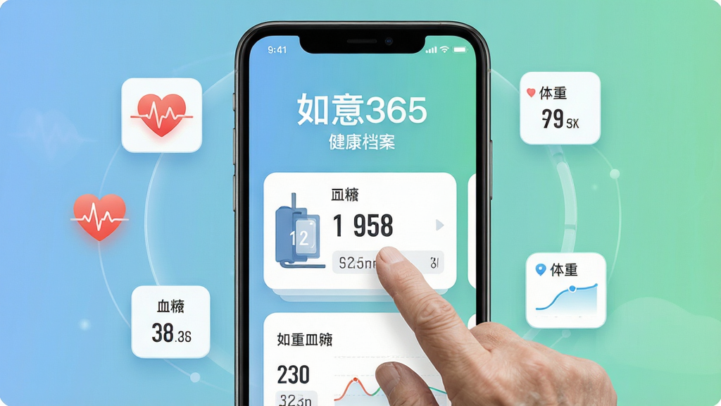 手机屏幕特写画面,屏幕中央显示“如意365”健康档案界面,主体为一位老人手指轻触血压数据卡片,布局采用居中构图,屏幕周围环绕心率波形、血糖数值、体重曲线等悬浮小图标,风格为现代科技感UI展示风,细节包括柔和的蓝绿渐变背景、清晰的数据图表、大号字体,画质高清干净,无杂乱元素