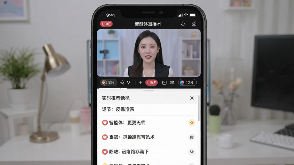 带货智能体直播话术推荐功能界面截图,手机屏幕显示直播中控台,下方有实时推荐的话术列表,画面风格清爽,文字清晰,画质高清,无杂乱元素
