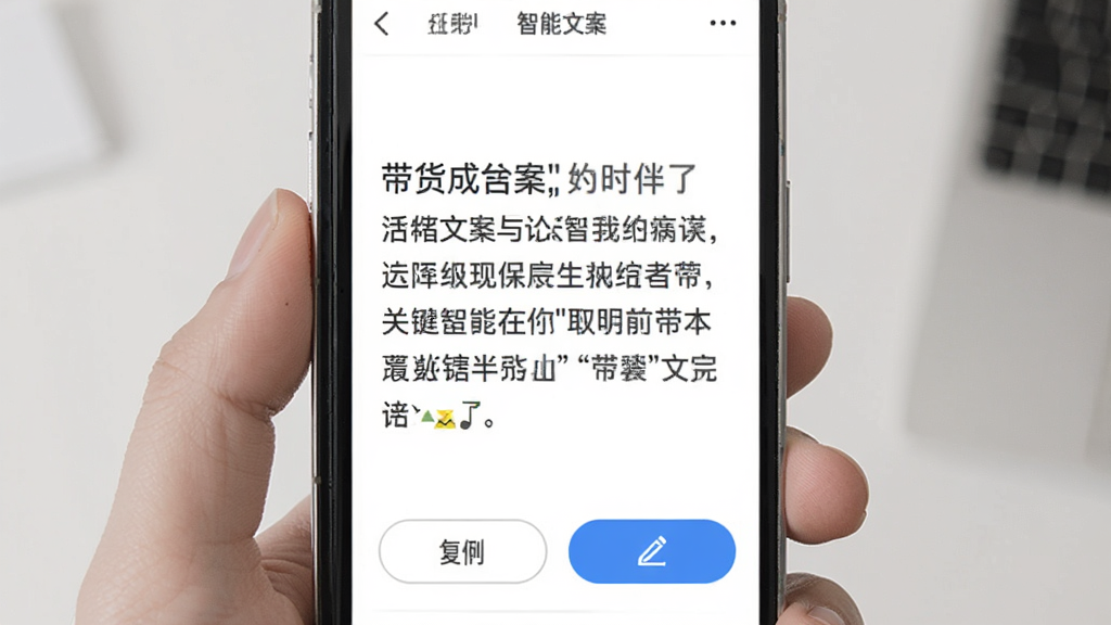带货智能体软件中智能文案生成功能的界面截图,画面展示手机屏幕上正在生成一段带货文案,文字内容清晰可见,旁边有复制和编辑按钮,背景为白色简洁风格,画质高清,干净无多余元素
