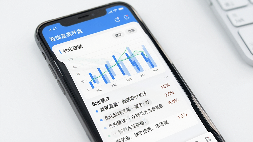 带货智能体数据复盘界面截图,手机屏幕显示数据图表与优化建议列表,图表清晰,建议文字可读,背景干净,画质高清,无多余装饰