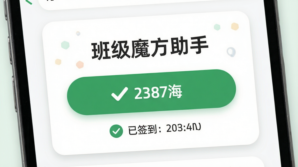 班级魔方助手 签到页面特写 主体为绿色签到按钮和已签到人数统计 布局为居中卡片式 排版上方标题下方按钮 风格为清新校园风 细节包含对勾图标和时间显示 画质高清 干净 无多余元素