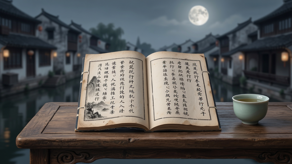 һ���������й��ŵ����棬������һ����������װ�飬��ҳ��ӡ�������е�ʫ�ģ��鱾������һ�Ź�ɫ�����ľ���ϣ��Ա���һյ��ɲ豭�����������ʵĽ���ˮ��ҹ����һ�����¸��������岼�־��У����Ϊ�й�ˮī����ϸ�ڷḻ�������������ɾ����޶���Ԫ��
