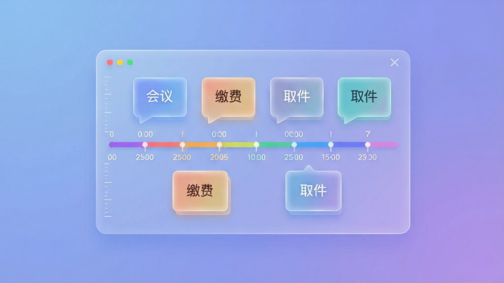 画面主体为一块悬浮在空中的半透明数字面板,面板上排列着彩色时间轴和日程卡片,卡片上标注“会议”“缴费”“取件”等中文标签,背景为柔和的蓝紫渐变,排版采用居中对称构图,风格为科技感轻拟物,细节上卡片边缘有轻微发光效果、时间轴刻度清晰,画质高清,干净,无多余元素