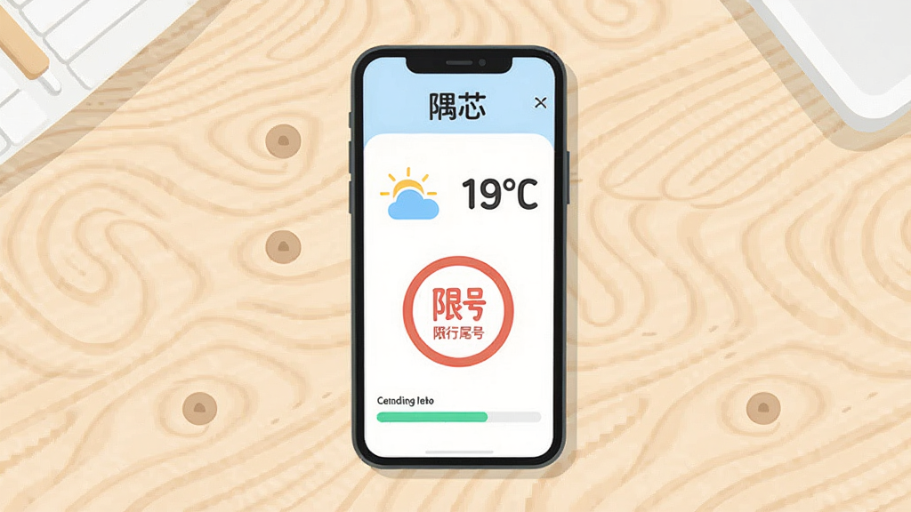 画面中央为一部手机,屏幕显示“隅芯”信息查询页面,页面上有天气图标、温度数字、限行尾号圆形标识和快递进度条,背景为简洁的浅色木纹桌面,排版采用正面平视角度,风格为清新扁平插画,细节上图标线条统一、数字字体圆润易读,画质高清,干净,无多余元素