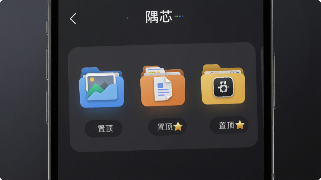 画面主体为手机屏幕特写,屏幕显示“隅芯”文件收纳界面,界面中图片、文档、安装包分别归入三个彩色文件夹图标,文件夹下方有“置顶”星标按钮,背景为深灰色渐变,排版采用居中卡片式布局,风格为暗色系科技风,细节上文件夹图标有轻微立体感、星标为金色,画质高清,干净,无多余元素
