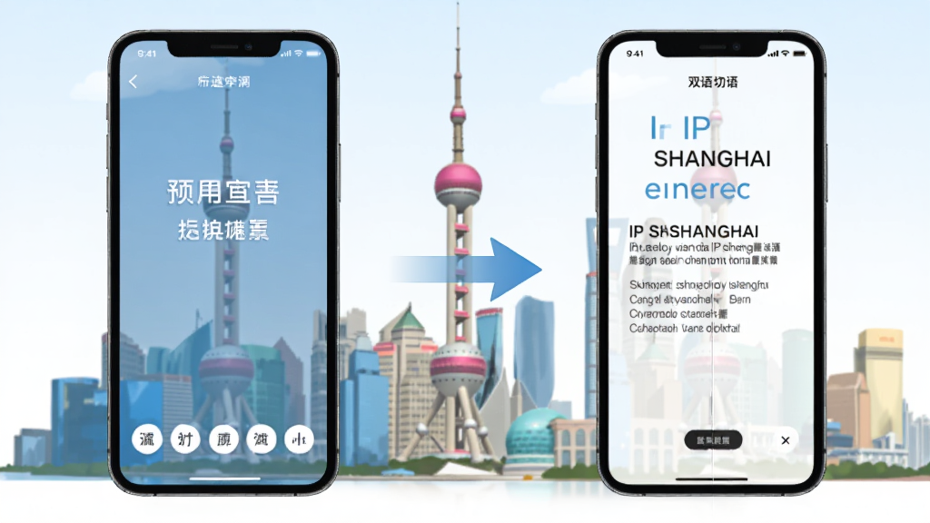 һ��չʾIP SHANGHAI˫���л����ܵ�ʾ��ͼ���������ֻ���Ļ���ҷ����������ʾ���Ľ��棬�Ҳ���ʾӢ�Ľ��棬�м��ü�ͷ���ӣ��������Ϻ���������������������죬�����������ɾ��޶���Ԫ�ء�