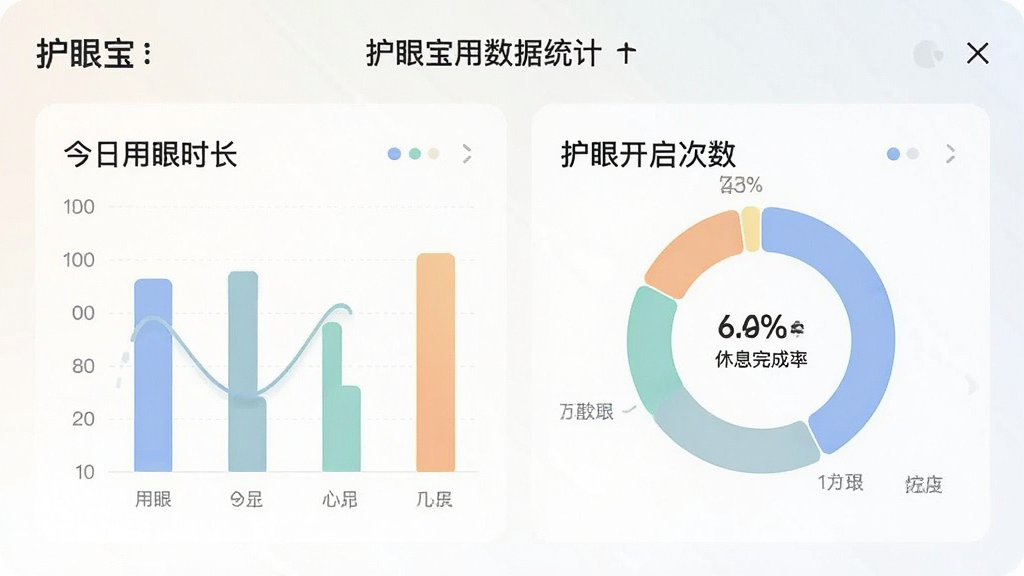 一张护眼宝用眼数据统计页面的截图风格图,画面中显示柱状图和环形图,标注今日用眼时长、护眼开启次数、休息完成率等数据,界面配色柔和,风格现代简洁,细节清晰,画质高清,无多余元素