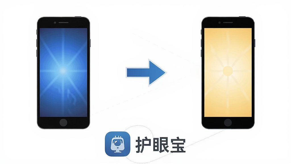 一张护眼宝蓝光过滤功能的示意图,画面左侧是普通手机屏幕发出刺眼蓝光,右侧是开启护眼宝后屏幕呈现柔和暖黄色,中间用箭头连接,底部有护眼宝的图标和名称,背景干净整洁,风格扁平化插画,细节清晰,画质高清,无多余元素