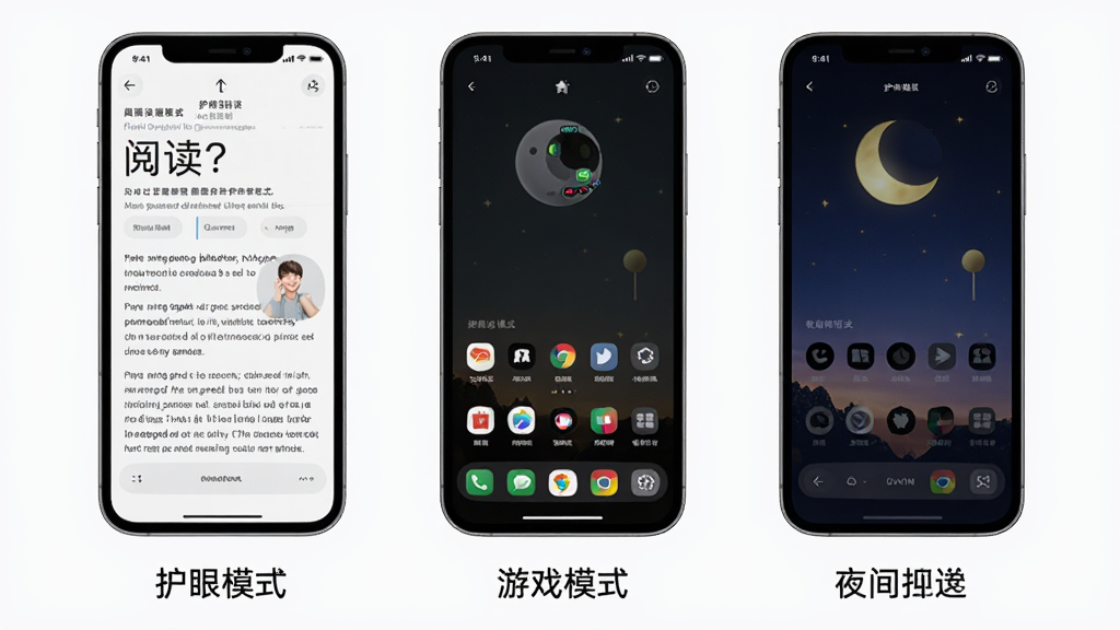 一张护眼宝多场景护眼模式的展示图,画面中并排排列三部手机,分别显示阅读模式、游戏模式和夜间模式的屏幕效果,每部手机下方标注对应模式名称,整体布局整齐,风格清新简约,细节清晰,画质高清,干净无多余元素