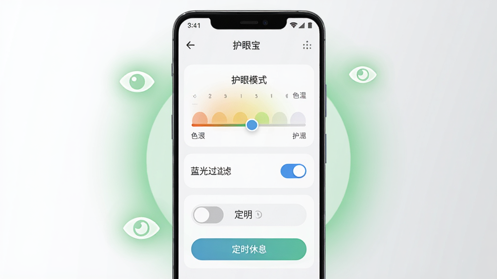 一张展示护眼宝应用界面的手机样机图,画面中央是一部竖屏安卓手机,屏幕上显示护眼宝的护眼模式调节面板,包含色温滑块、蓝光过滤开关和定时休息按钮,手机周围环绕柔和的绿色光晕和眼睛图标,背景为干净的浅灰渐变,风格简约科技,细节清晰,画质高清,干净无多余元素