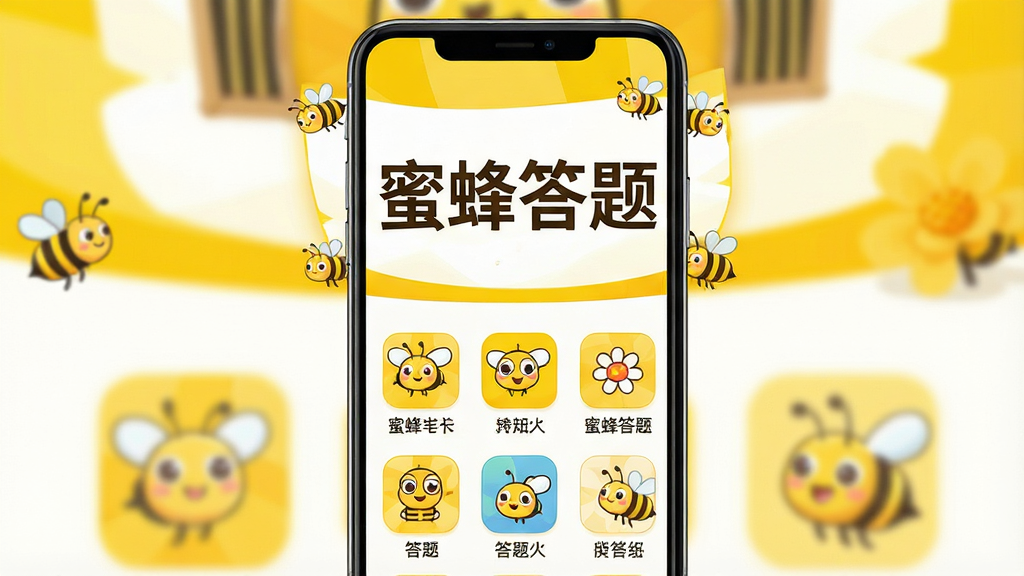 一张展示“蜜蜂答题”软件主界面的手机应用截图,主体为一部竖直放置的智能手机,屏幕中央显示“蜜蜂答题”四个大字,下方排列着多个答题关卡入口图标,背景采用明亮的黄色与白色搭配,风格清新活泼,细节包含蜜蜂卡通形象点缀,画质清晰,干净,无多余元素