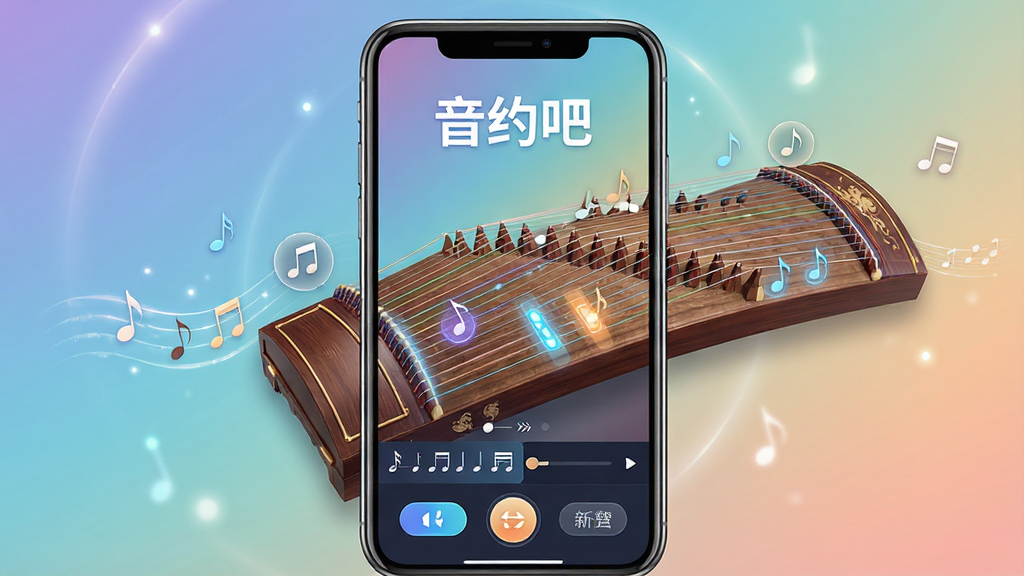 音约吧手机应用界面展示,主体为一部智能手机,屏幕中呈现古筝弹奏界面与音符流动效果,布局采用居中构图,上方为应用名称“音约吧”文字,中部展示乐器琴弦与触控高亮区域,下方为曲谱滚动条与功能按钮,风格为现代科技感与国风音乐融合,细节包括渐变背景、柔和光效、琴弦纹理清晰、音符图标点缀,画质高清、干净、无多余元素