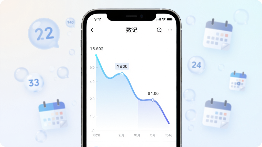 数记应用界面截图风格,画面中央展示手机屏幕上的数记趋势图表页面,折线图从左上向右下延伸,背景为浅色渐变,周围漂浮着半透明的数字气泡和日历图标,布局采用居中对称构图,风格为科技感扁平插画,细节上图表线条平滑、数值标注清晰、