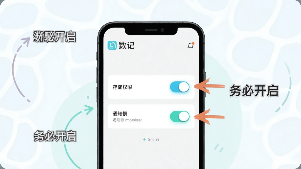 数记应用在新手引导页面的手机截图风格插画,画面中手机屏幕显示数记的权限设置界面,有存储权限和通知权限的开关按钮,旁边用箭头标注
