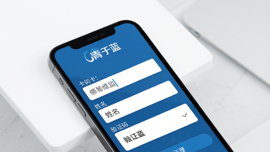 一幅展示青于蓝银行卡绑定流程的示意图,画面中一部手机显示绑定银行卡的表单页面,包含卡号输入框、姓名输入框和验证码区域,屏幕上方有“青于蓝”标识,背景为简洁的白色与浅灰搭配,风格商务简洁,细节清晰,画质干净,无多余元素