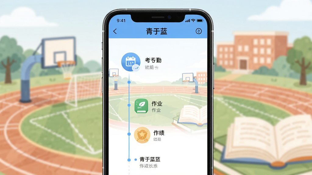 一张展示青于蓝学生成长档案页面的手机截图风格图片,画面中手机屏幕显示“青于蓝”应用内的成长记录时间轴,包含考勤、作业、成绩等图标,背景是校园操场和书本的简化插画,整体风格温和明亮,画质干净,无多余元素