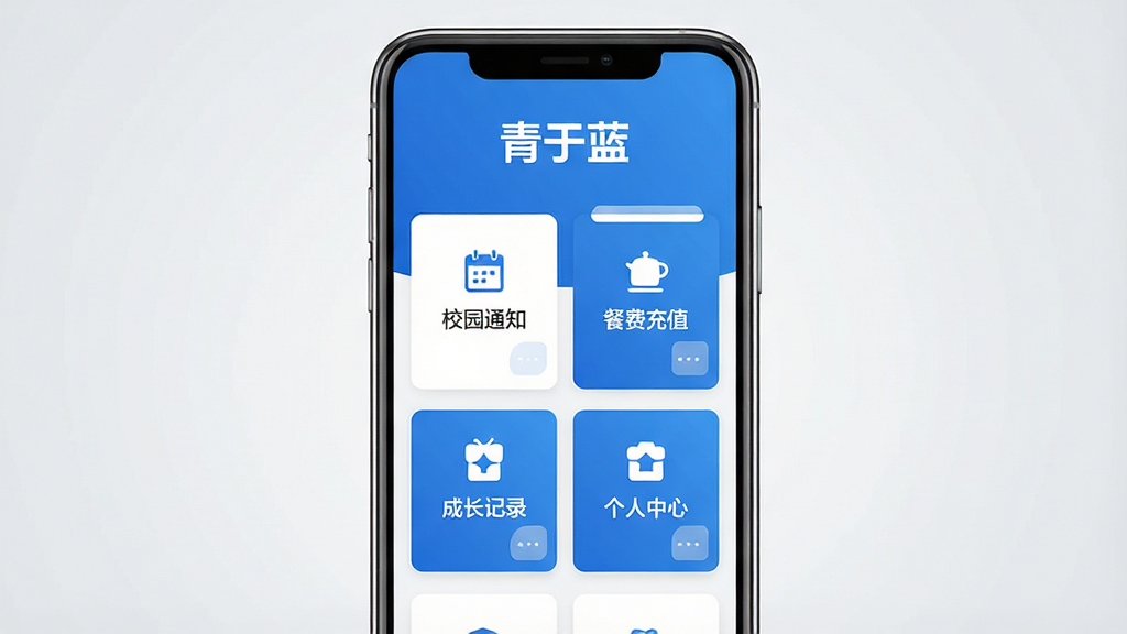 一张展示青于蓝软件主界面的手机应用截图风格图片,画面中央放置一部竖屏智能手机,屏幕内呈现蓝白配色的校园服务应用首页,顶部显示“青于蓝”三个字,页面中排列着校园通知、餐费充值、成长记录、个人中心等功能卡片,背景为简洁的浅灰渐变,整体风格清爽现代,细节清晰,画质干净,无多余元素