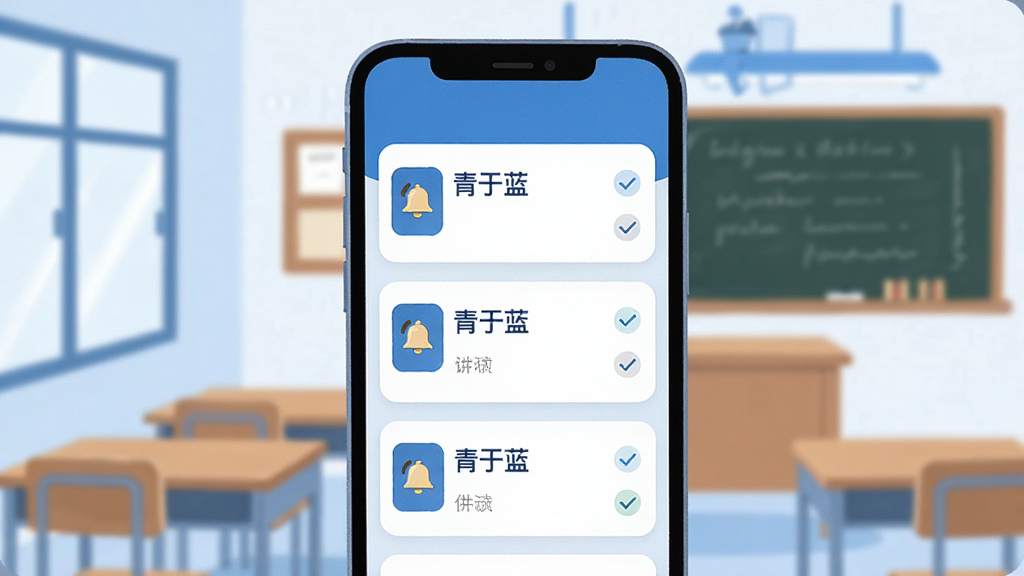 一幅展示青于蓝校园通知功能的界面概念图,画面中一部手机屏幕显示多条校园通知卡片,卡片上有“青于蓝”字样,旁边配有小铃铛图标和已读标记,背景是教室与黑板元素的简化插画,整体风格扁平化,色彩以蓝色和白色为主,细节清晰,画质干净,无多余元素