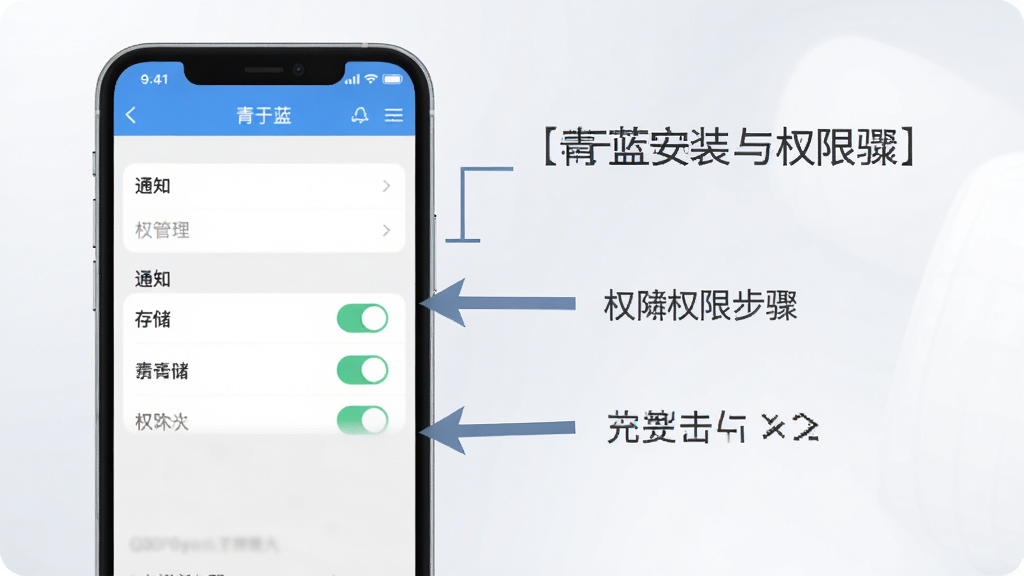 一张展示青于蓝安装与权限设置步骤的示意图,画面中一部手机屏幕显示“青于蓝”应用的权限管理页面,旁边有箭头指向通知、存储等开关选项,背景为简洁的浅灰白配色,风格清晰直观,画质干净,无多余元素