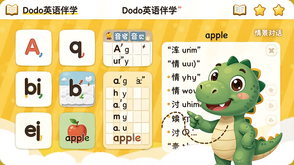 �򿪡�DodoӢ���ѧ����ѧϰ��Դ����棬��Ļ��������������ĸ��Ƭ������ͼ�����龰�Ի��б���һλ��ͨС������ʦ����ָ����Ļ�ϵĵ��ʡ�apple���������������Ļ�ɫ���ɫ���䣬���ɰ����У�ϸ�ڰ����鼮�����ǽ���ͼ�꣬�����������ɾ��޶���Ԫ��