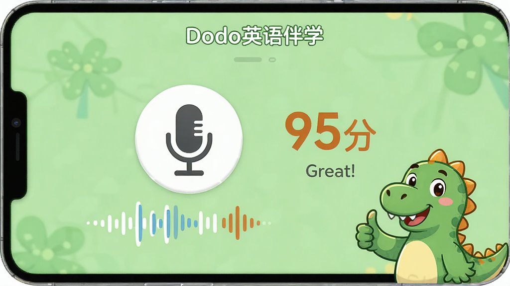 ��DodoӢ���ѧ���Ļ�����ϰ���棬չʾ�������ֹ��ܣ���Ļ������һ����˷�ͼ�������ͼ�Σ��Ա���ʾ���֡�95�֡��͹����Great!��������Ϊǳ��ɫ�������ˬ���죬ϸ�ڰ�����ͨС���������Ĵָ�����ʸ��壬�ɾ��޶���Ԫ��
