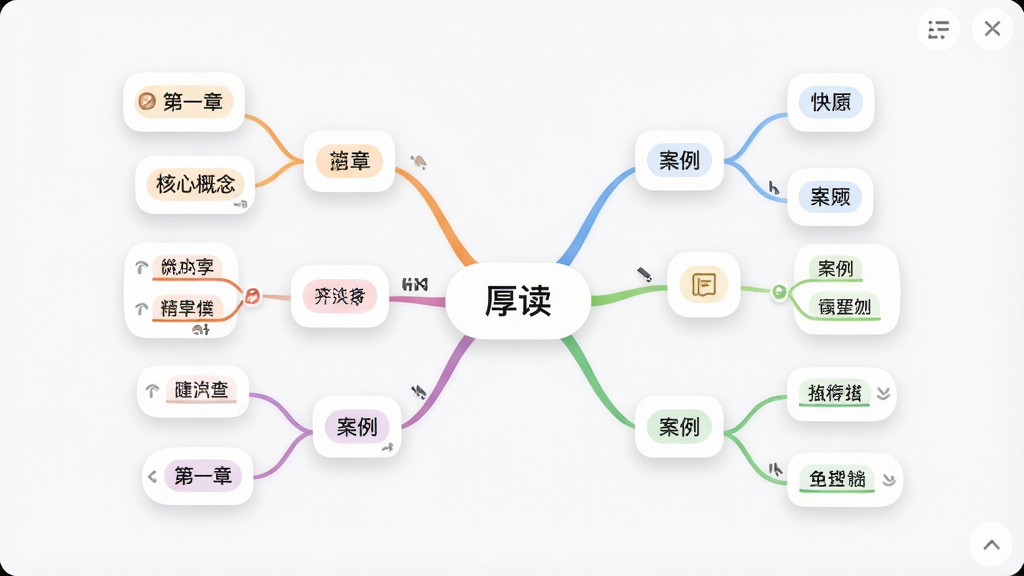 厚读思维导图生成界面,画面中央是一张放射状思维导图,中心节点写有“厚读”,分支节点包含“第一章”“核心概念”“案例”等,布局为树形结构,风格为柔和圆角卡片风,细节包含彩色连线、图标、折叠按钮,画质高清,背景干净