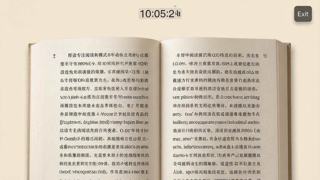 厚读专注阅读模式界面,画面为一本翻开的书占满屏幕,文字清晰,背景为米黄色,顶部有极简的计时器与退出按钮,主体为阅读界面,布局为全屏沉浸式,风格为极简护眼风,细节包含柔和阴影、无干扰图标,画质干净,无多余元素