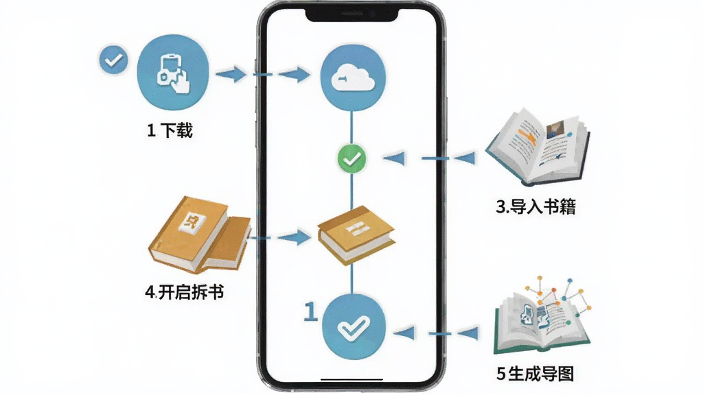 厚读新手操作流程图,画面以手机屏幕为载体,分步骤展示下载、安装、导入书籍、开启拆书、生成导图五个环节,主体为操作步骤图标,布局为纵向时间轴,风格为扁平化教程风,细节包含箭头、对勾、数字序号,画质清晰,背景干净